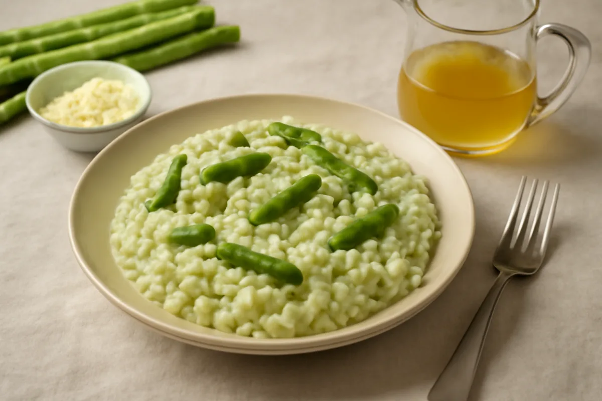 Risotto agli asparagi cremoso senza panna: il trucco del brodo vegetale filtrato